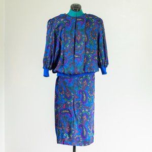 Vintage 1980s Skirt and Blouse Set Blue Paisley Size 20